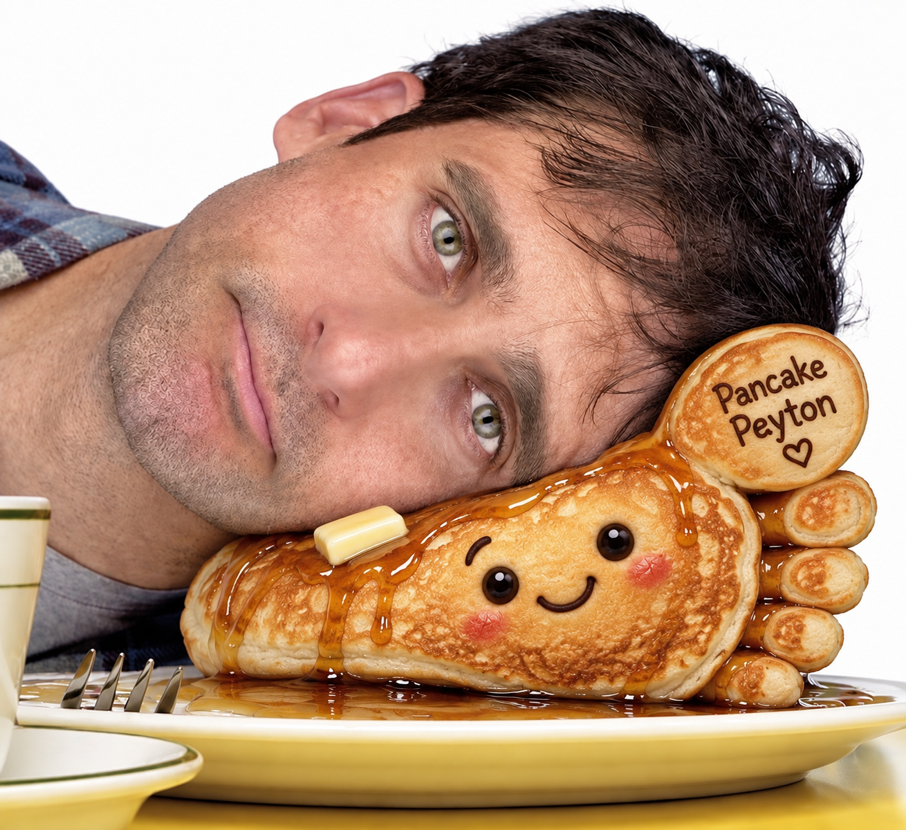 Payton resting their head on Pancake Payton, a smiling pancake foot covered in syrup