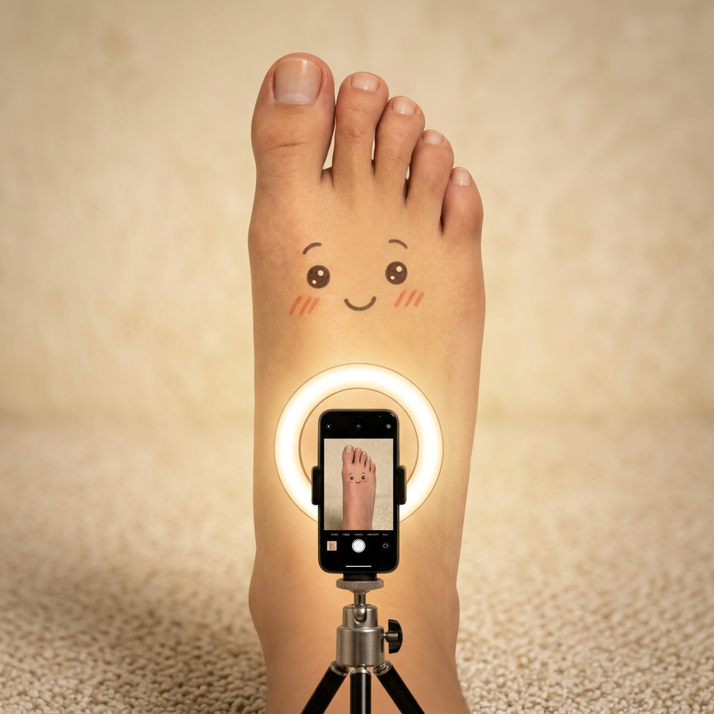 Payton posing in front of a phone on a tripod under a ring light