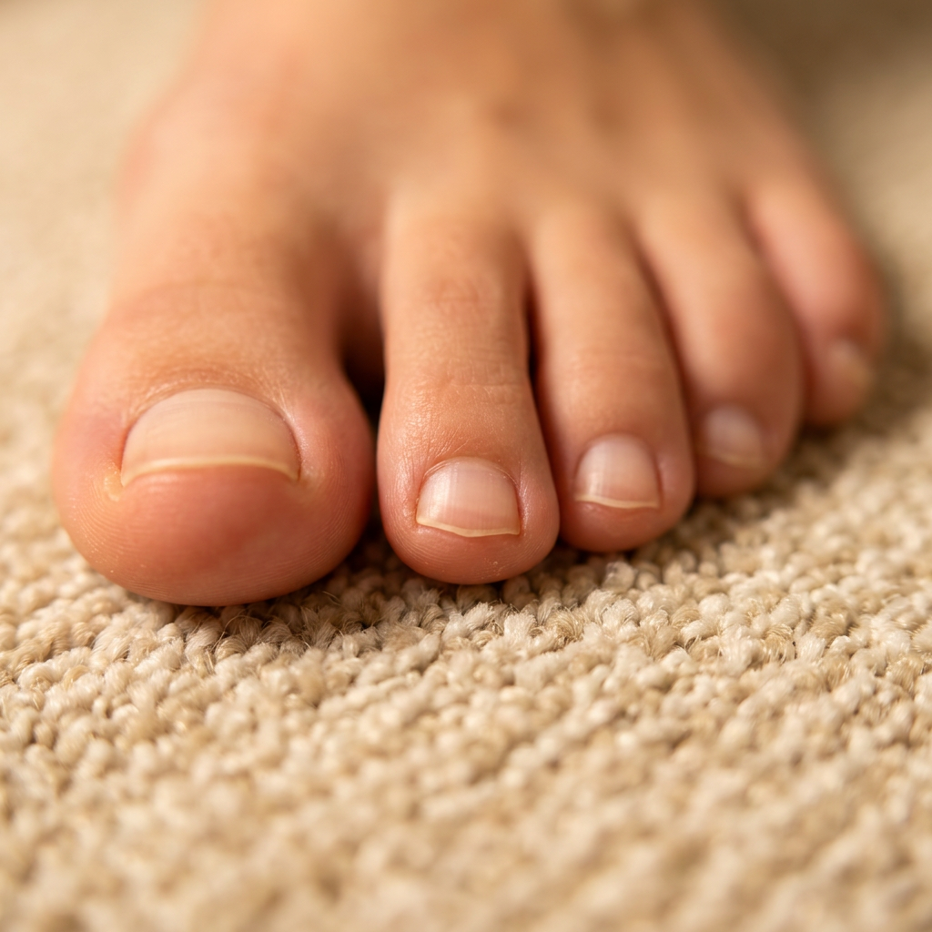 Close-up of Payton's five toes on the carpet